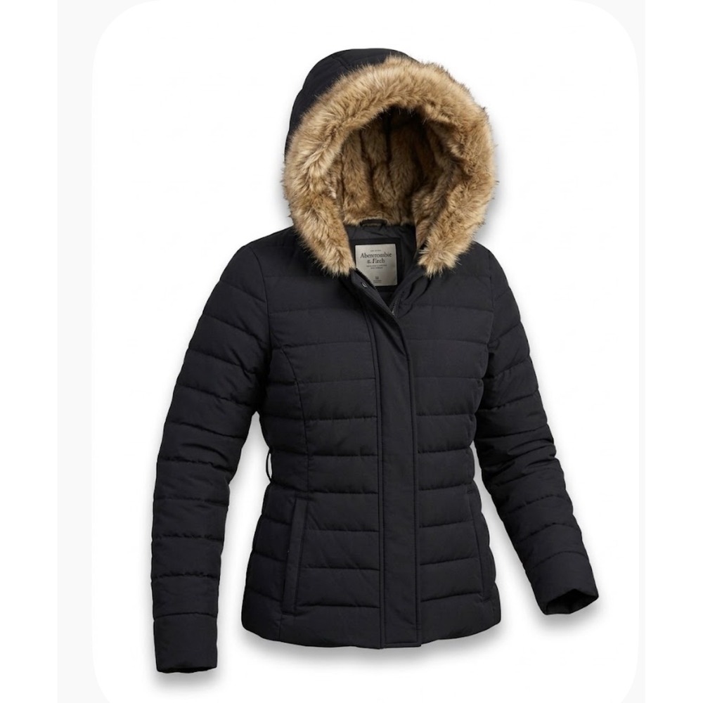 Abercrombie & Fitch Y2K Black Faux Fur Hooded Puffer Jacket Water Resistant SzM